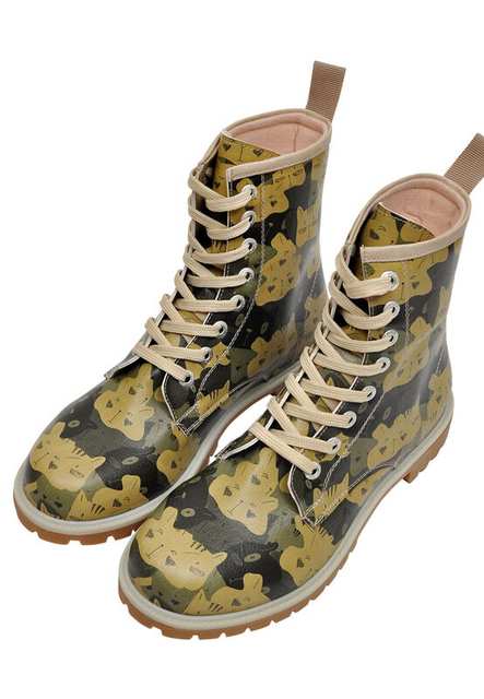 Women Vegan Leather Green Long Boots - Catmouflage Design