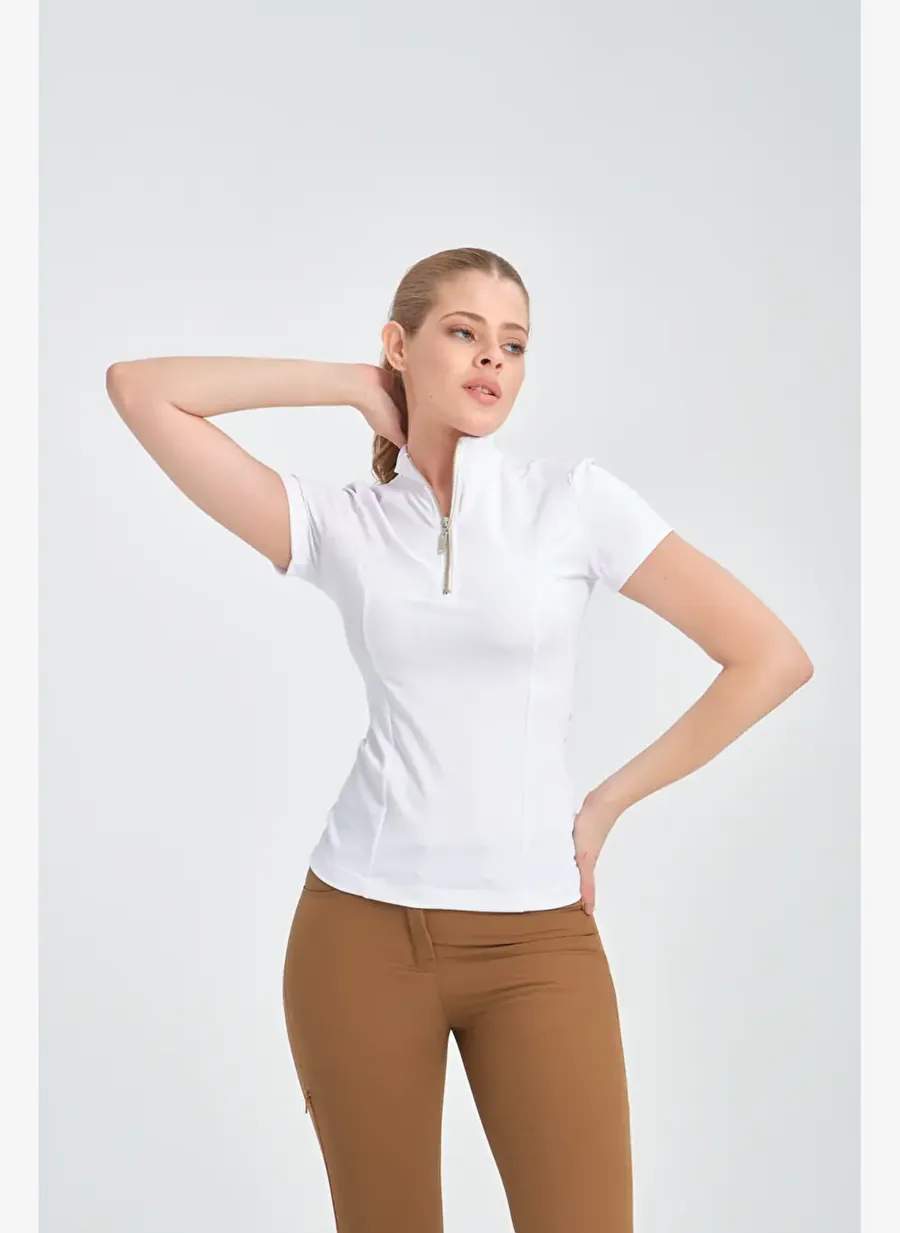 Beyaz Renk Kisa Kollu Fermuarli Binici Kadin T Shirt — Product image 7 of 8