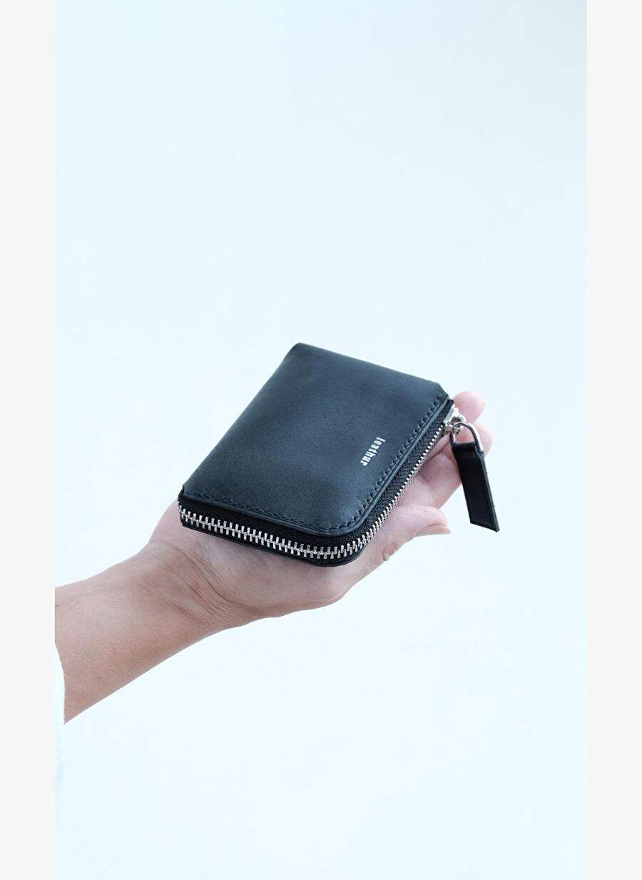 Bold Zip Wallet Round Siyah Deri Kart Ve Para Cuzdan — صورة المنتج 7 من 8