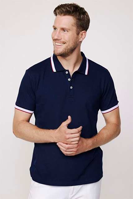 Erkek Slim Fit Dar Kesim %100 Pamuk Düz Pike Kol Şeritli Lacivert Polo Yaka Tişört