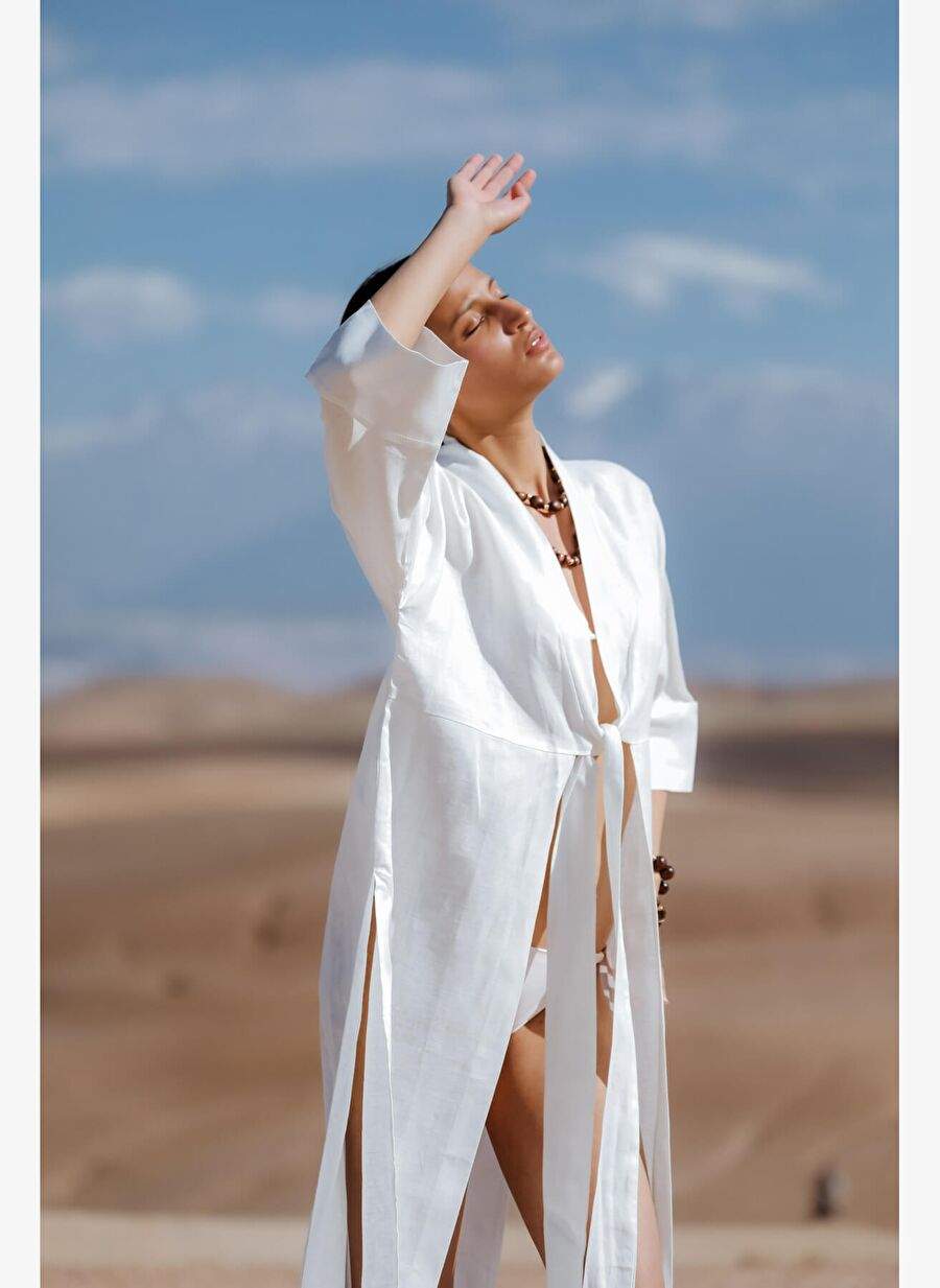GHİZLANE Keten Beyaz Uzun Kimono — Product image 7 of 7