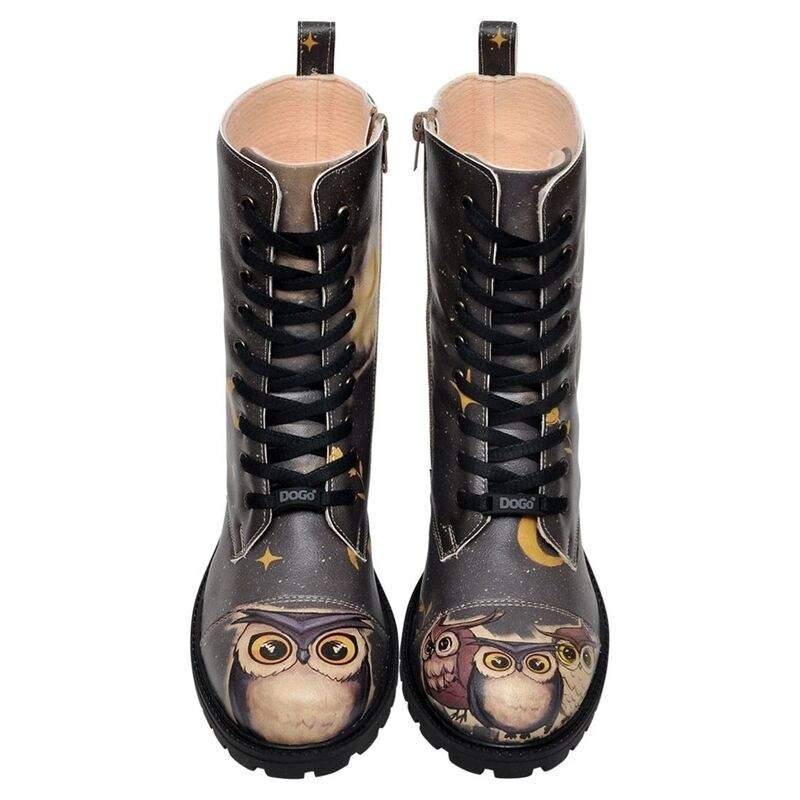 Women Vegan Leather Black Zipper Long Boots - Owls Family Design — Product image 3 of 6