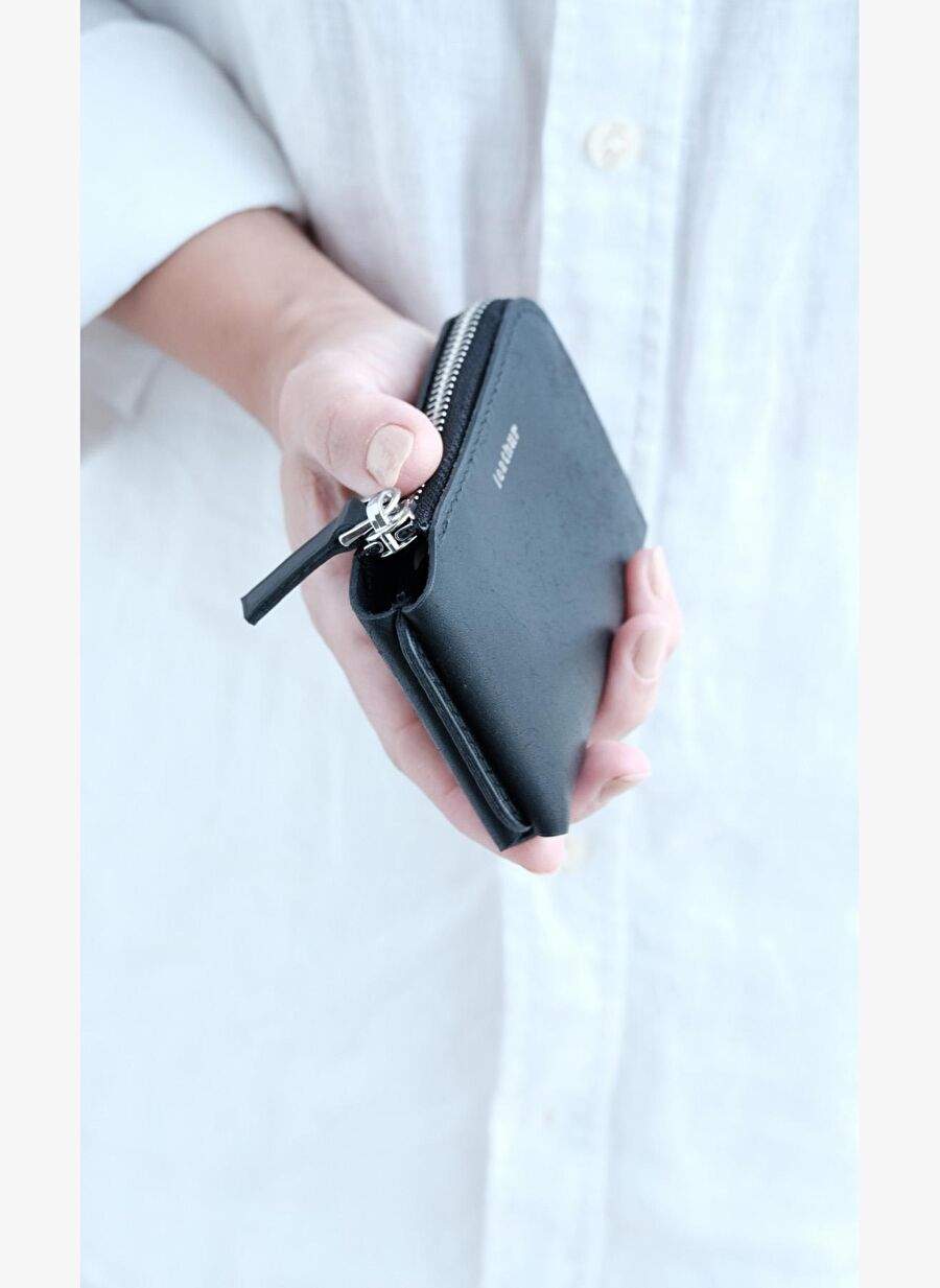 Bold Zip Wallet Round Siyah Deri Kart Ve Para Cuzdan — صورة المنتج 5 من 8