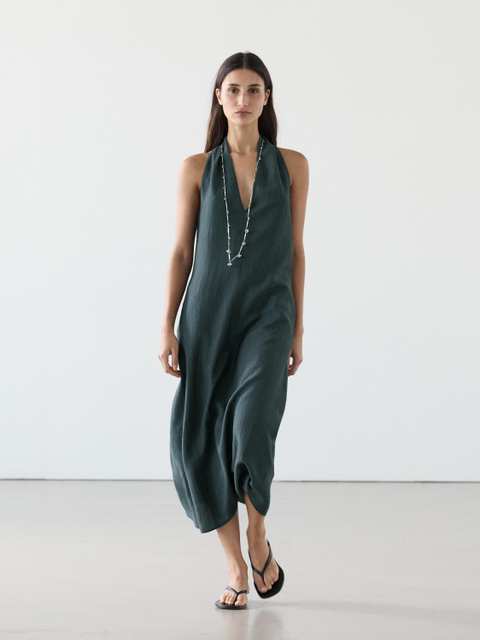 Linen blend midi dress with V-neckline