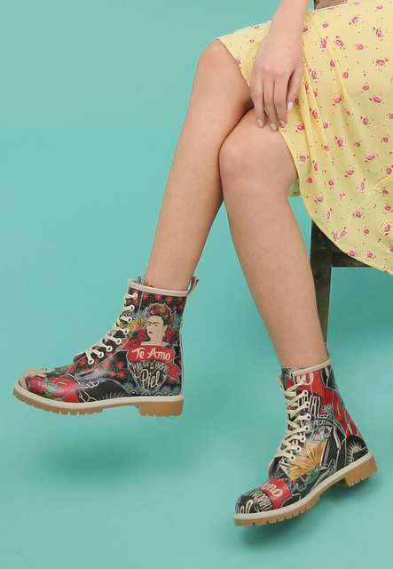 Women Vegan Leather Green Long Boots - Te Amo Frida Kahlo Design