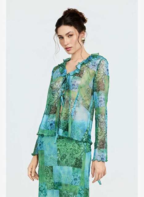 Patterned Bond Detailed Tulle Top