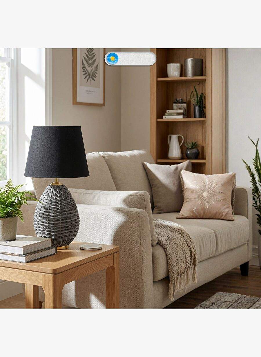 Calmo Gri Govde Siyah Baslk Dekoratif Rattan Abajur — صورة المنتج 4 من 8