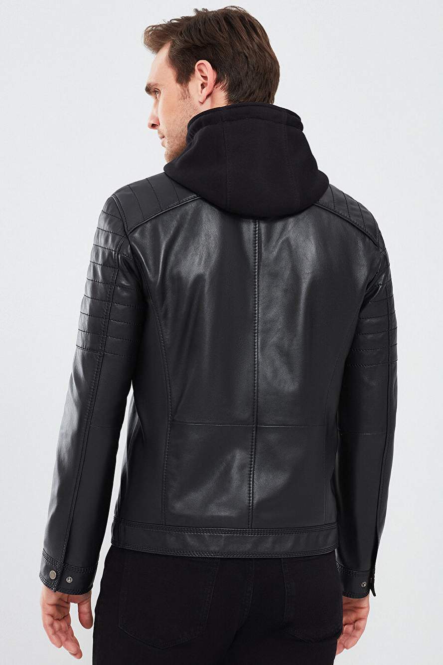 Sergio Men's Black Hooded Sports Leather Coat 24sge65191m — Product image 4 of 7