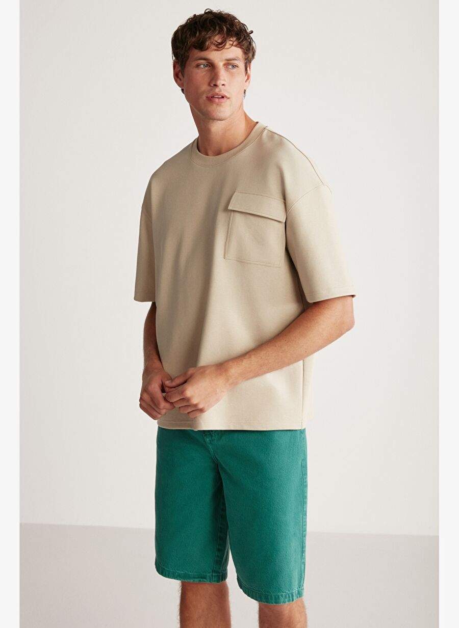 ARTUR Erkek Yaka Cep Detaylı Kalın Dokulu Kumaş Oversize Fit Bol Kesim Kısa Kollu Bej T-Shirt — Product image 6 of 7