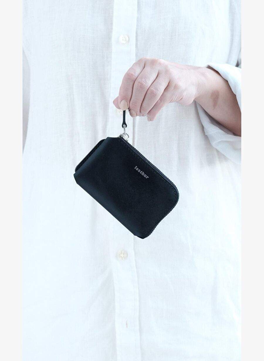 Bold Zip Wallet Round Siyah Deri Kart Ve Para Cuzdan — صورة المنتج 4 من 8