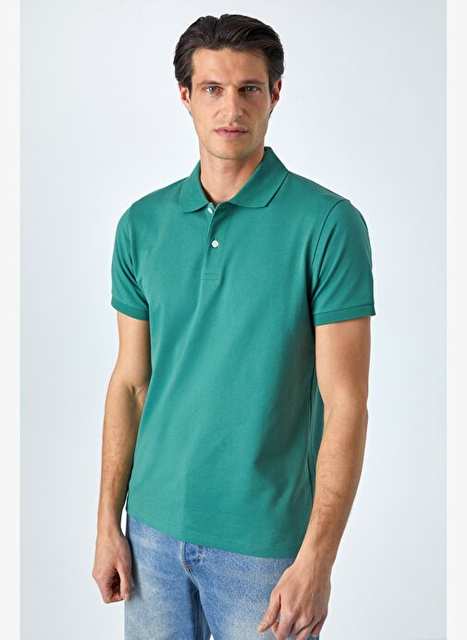 MONAGHAN Erkek Polo Yaka Relaxed Fit Patlı Düğmeli Kısa Kollu Yeşil T-Shirt