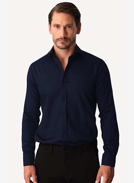 Navy Blue Slim Fit Narrow Die Classic Collar Flat Long Sleeve Pocketless 100% Cotton Non Iron Iron Iron Iron Iron Non-Widler Shirt