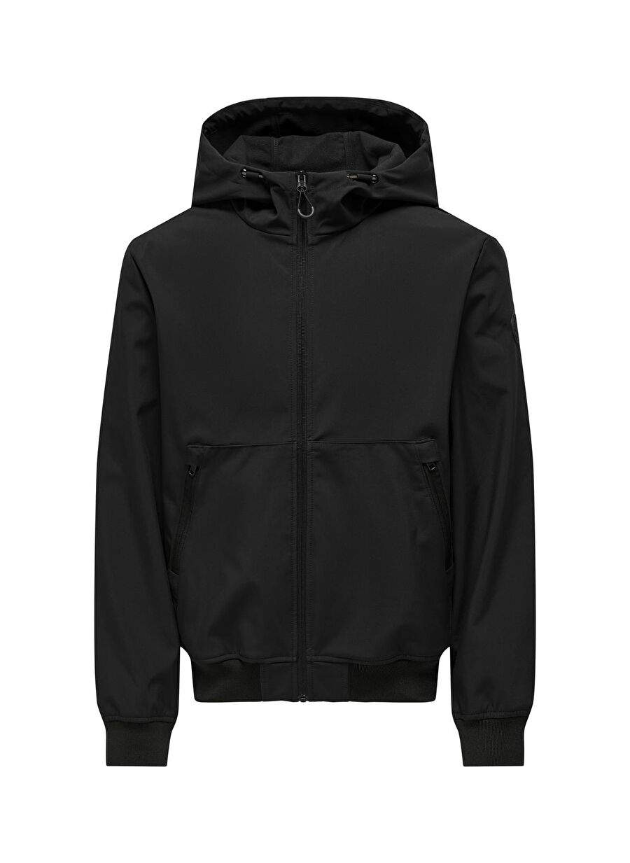 Only & Sons Siyah Erkek Kapüşon Düz Mont ONSBOWIE SOFTSHELL BOMBER OTW NOOS — صورة المنتج 3 من 4
