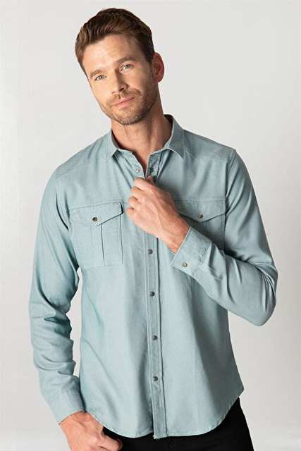 Slim Fit Long Sleeve Sports Collar Washed Double Pocketed Denim Mint Men's Shirt