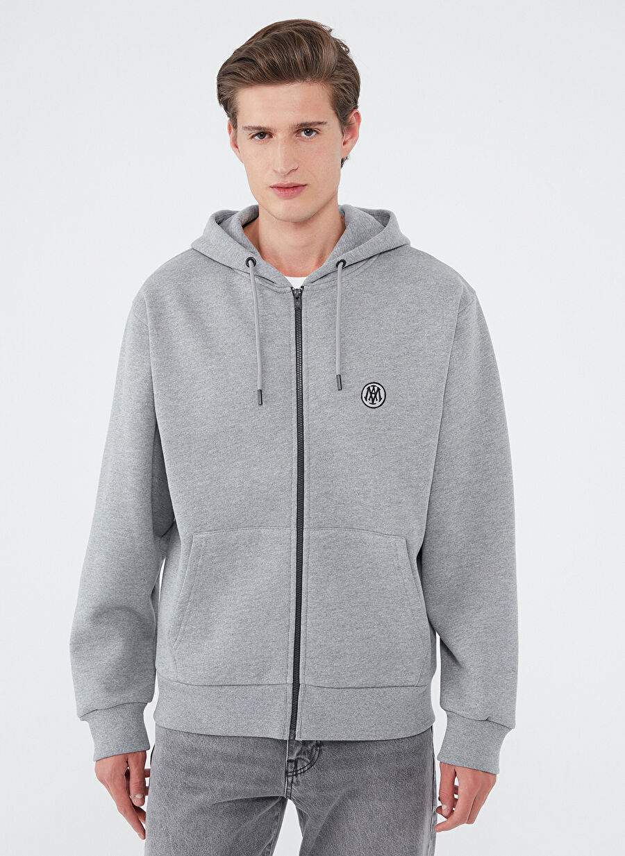 Mavi Kapüşonlu Standart Düz Gri Melanj Erkek Şardonlu Sweatshirt M066979-34686 — صورة المنتج 3 من 6
